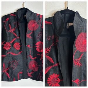 Anu 100% Silk Chic Black and Red Floral Women's Blazer Womens S Embroidered